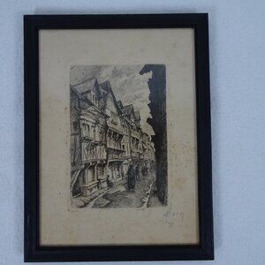 Emile LEROI (1887-1944) Engraving France Pencil Signed Lisieux La Rue Aux Fevres